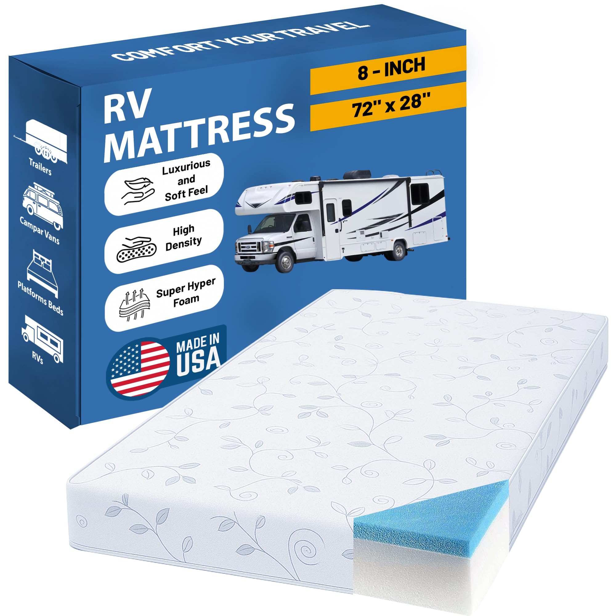 Photo 1 of Greaton, 8-Inch High-Density Cooling Gel Memory Foam RV Mattress Replacement, Medium Firm, Good for Trailers, Camper Vans, Sofa Bed and Other Furniture Application, 72" x 28", White