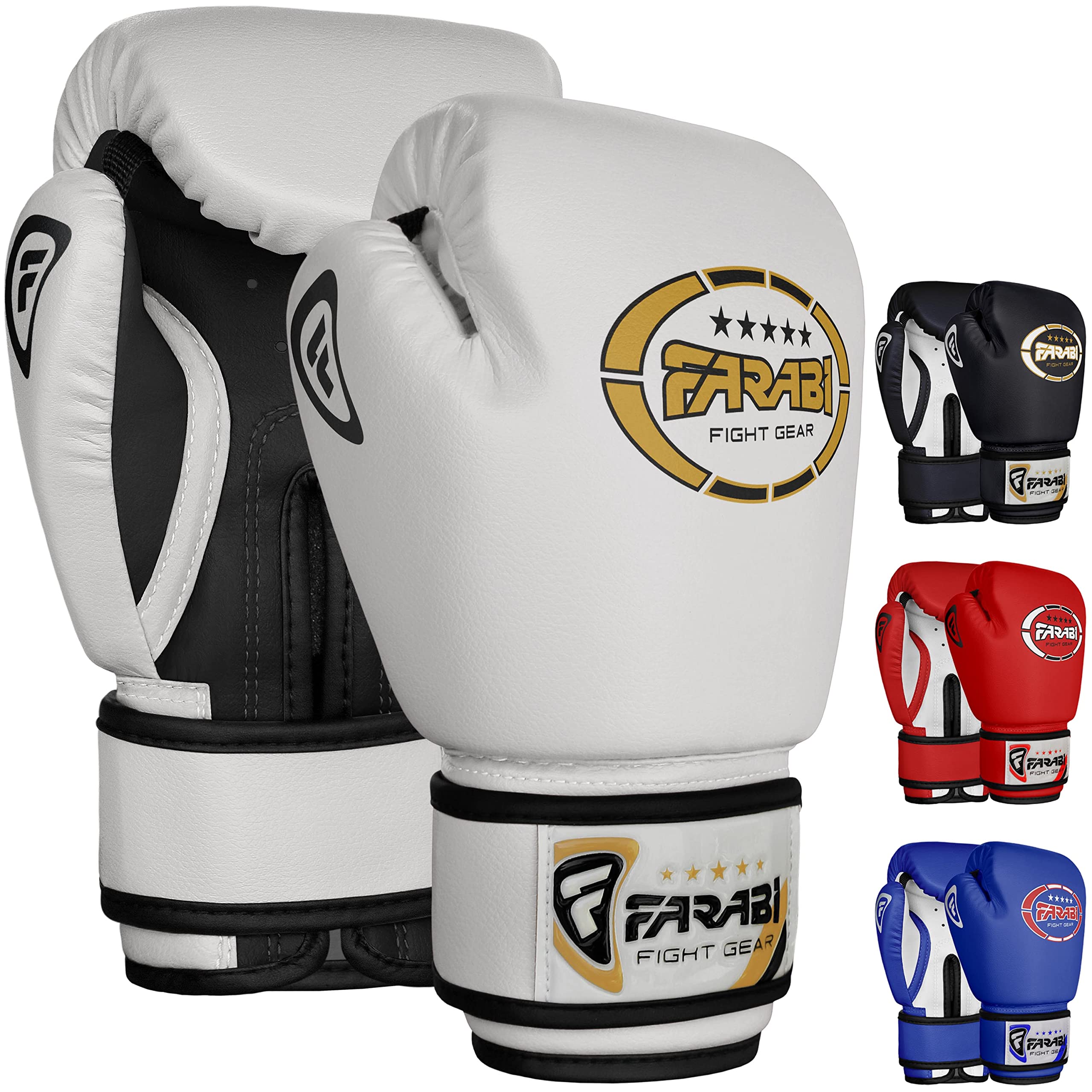 Farabi Sports Kids Boxing Gloves 6, 8-oz Junior Muay Thai Gloves Youth Kickboxing Sparring Punching Bag Training Gloves (White/Black, 4-oz)
