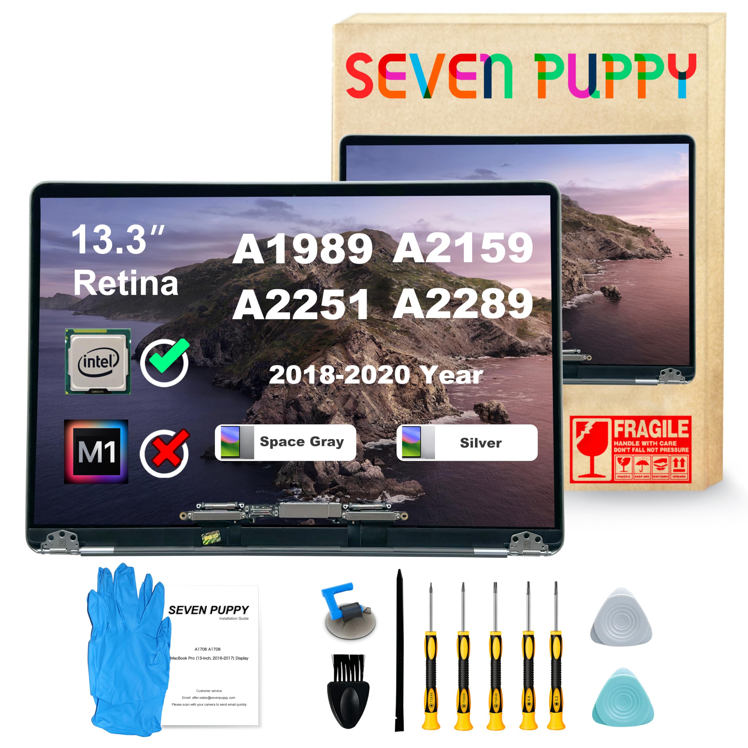 seven puppy (Silver) Screen Replacement for MacBook Pro A1989 / A2159 / A2289 / A2251 (13“ 2018-2019-2020) EMC (3214) (3358) (3301) (3456) (3348) CFCC Full LED LCD Screen Display Assembly A+++