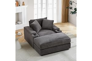 ANTETEK Oversized Chaise Longue Chair Indoor with Cup Holders, Modern 43-inch Upholstered Corduroy Deep Seat Single Cloud Lounge Sofa with Ottoman & Storage Armrests for Living Room, Bedroom Apartment, Grey