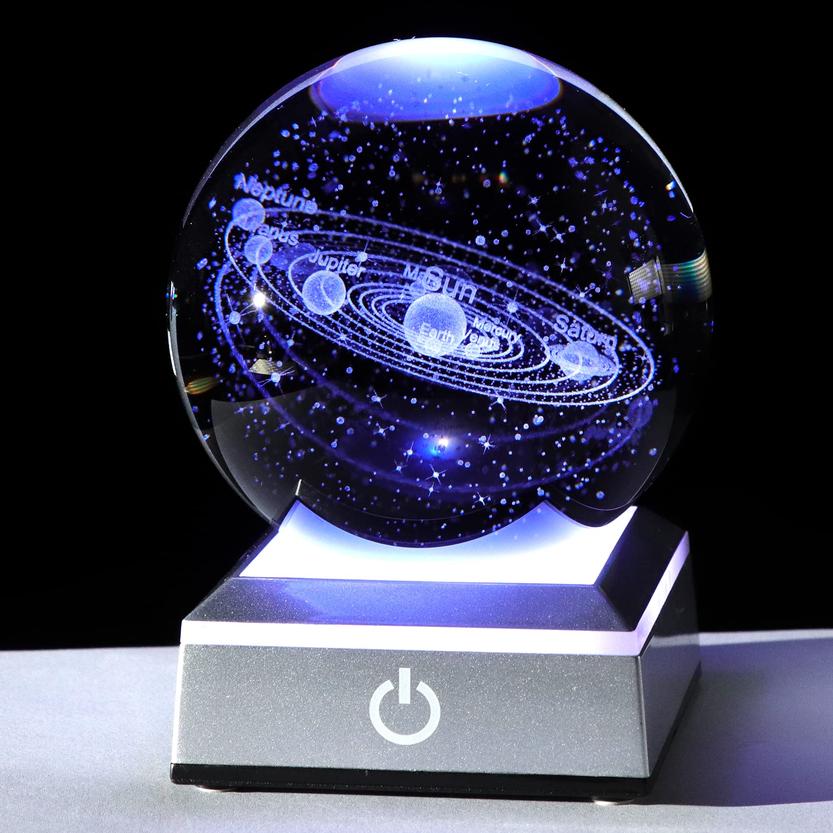 3.15" K9 Crystal 3D Solar System Ball with Sliver LED Colorful Lighting Touch Base, Engraving Solar System Star Planet Model Ornaments, Science Universe Astronomy Gifts for Astronomers