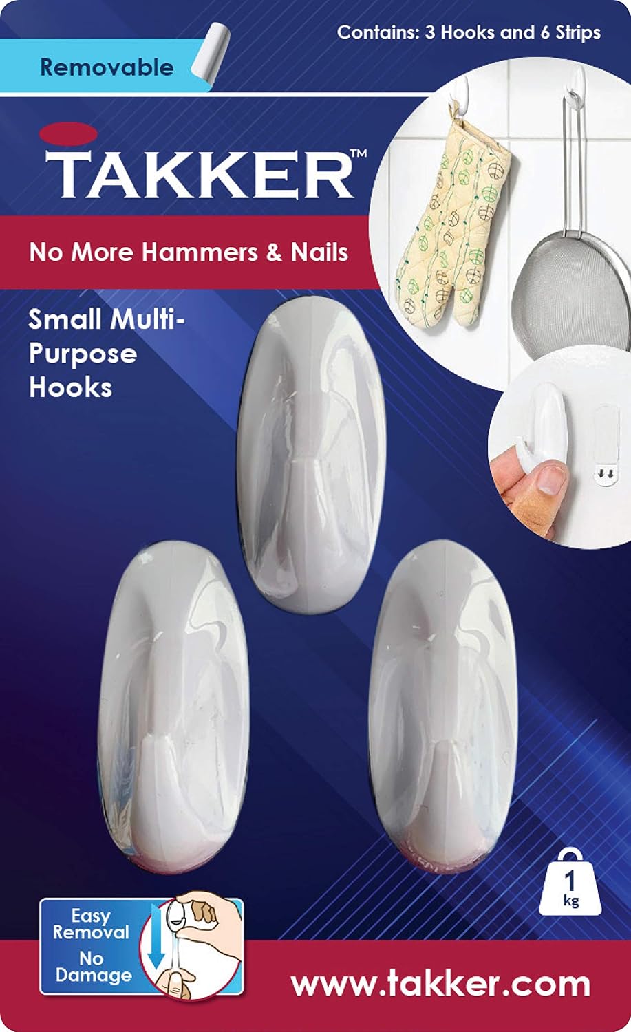 Takker - 3 x Small Hooks with 6 x Sticky Strips, Removable Small Hooks