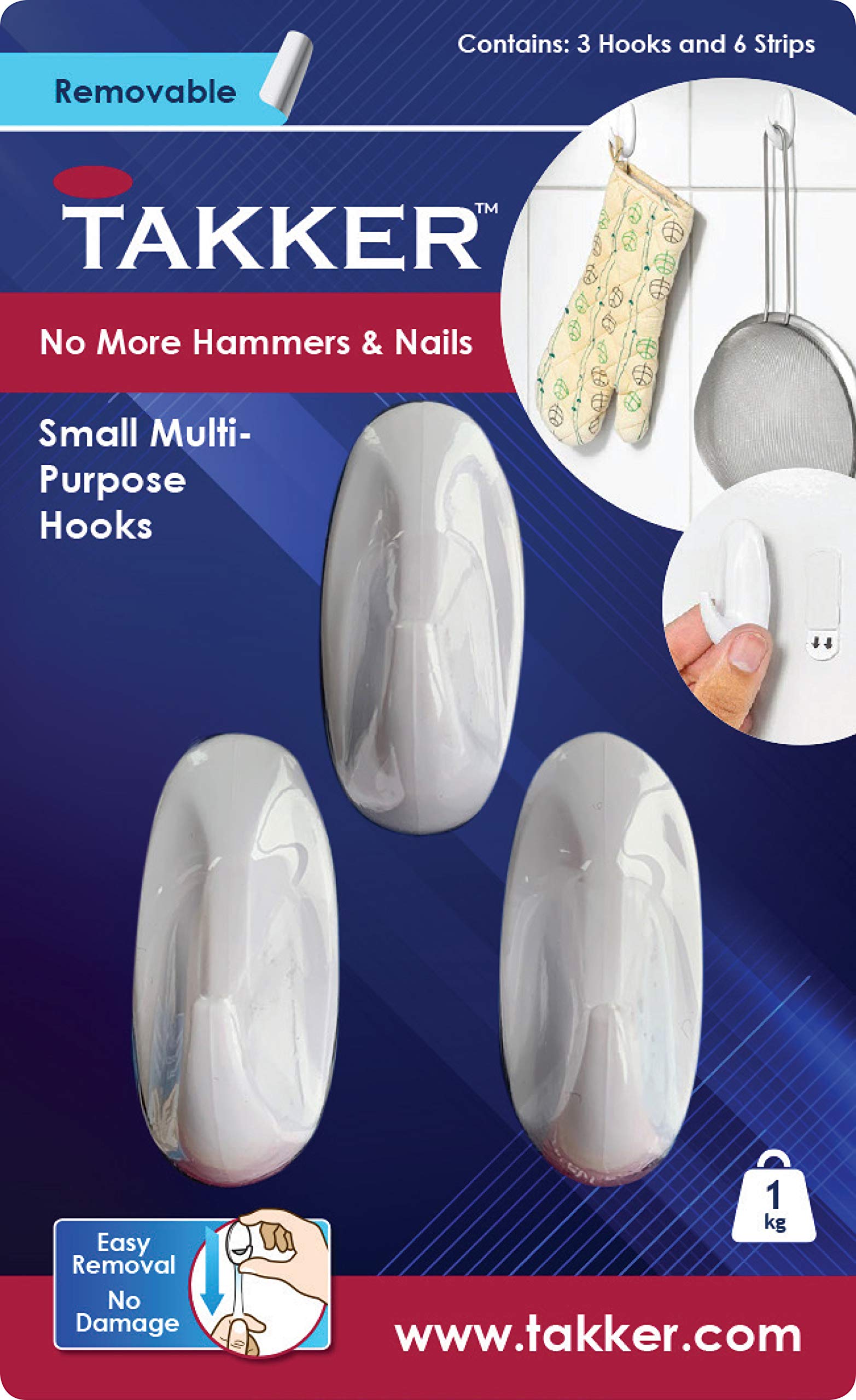 Takker - 3 x Small Hooks with 6 x Sticky Strips | Multi-Purpose Hooks, Strong Adhesive, Easy Application, Damage-Free Removal, Re-Useable, No Sticky Residue, for Home, Bathroom, Kitchen, Walls
