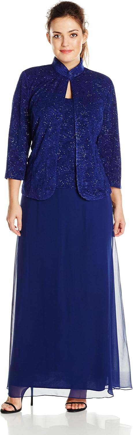 Alex Evenings Women's Plus Size Long Dress with Mandarin Neckline Jacket: Clothing