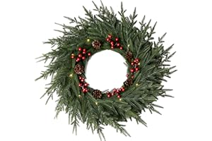 WHANLEY L&Q Christmas Wreaths for Front Door - 24" Artificial Christmas Wreath - Real Touch Norfolk Pine Wreath for Door,Wall,Windows,Indoor Outdoor -Christmas Decorations -Holiday Decor -Free Battery LED Lights