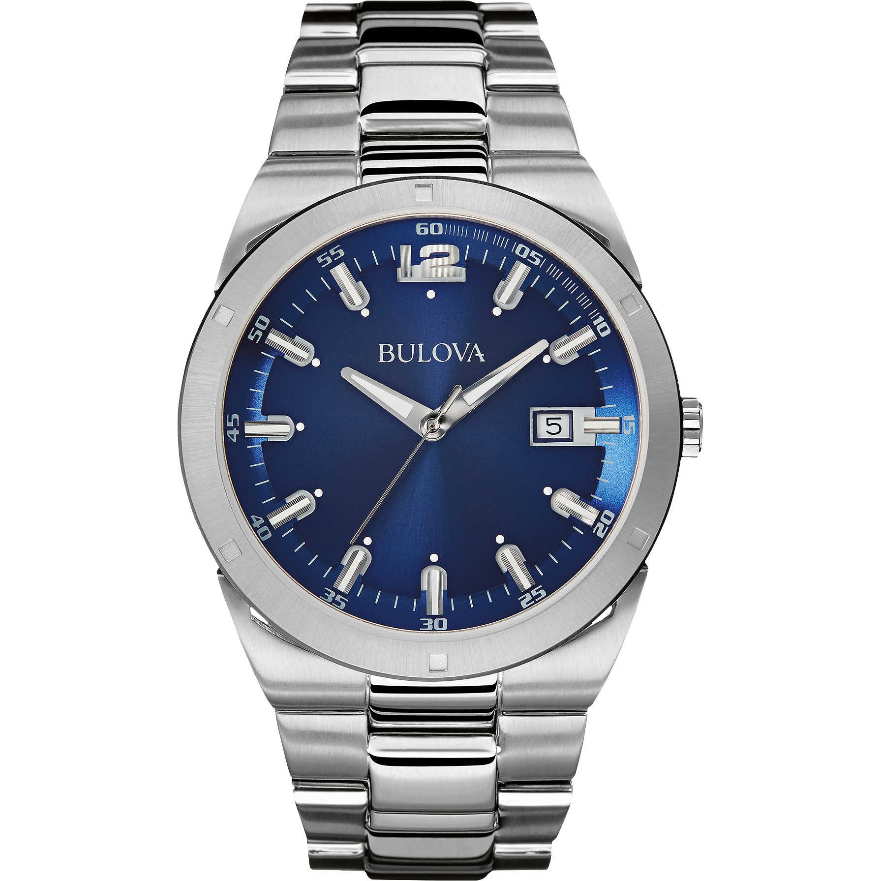 Bulova Reloj clásico de cuarzo con fecha y calendario de 3 manecillas de acero inoxidable para hombre, esfera azul, 43 mm Estilo: 96B220