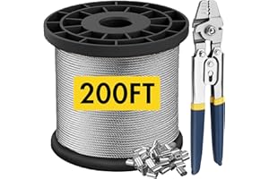 MARIOCSA Wire Rope, 1/16 Wire Rope, 304 Stainless Steel Cable with Crimping Tool, Aircraft Cable, Steel Wire, 200FT with 100Pcs Crimping Sleeves, 7x7 368lbs Breaking Strength, Clothes Line Wires