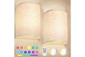 FINCMY Battery Operated Wall Sconces Set of Two, 18 RGB Colors Stick on Wall Lights with Remote, Changeable Dimmable Height Fabric Battery Powered Wall Lights for Bedroom Living Room Hallway