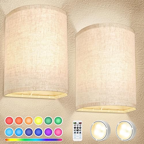 FINCMY Battery Operated Wall Sconces Set of Two, 18 RGB Colors Stick on Wall Lights with Remote, Changeable Dimmable Height Fabric Battery Powered Wall Lights for Bedroom Living Room Hallway