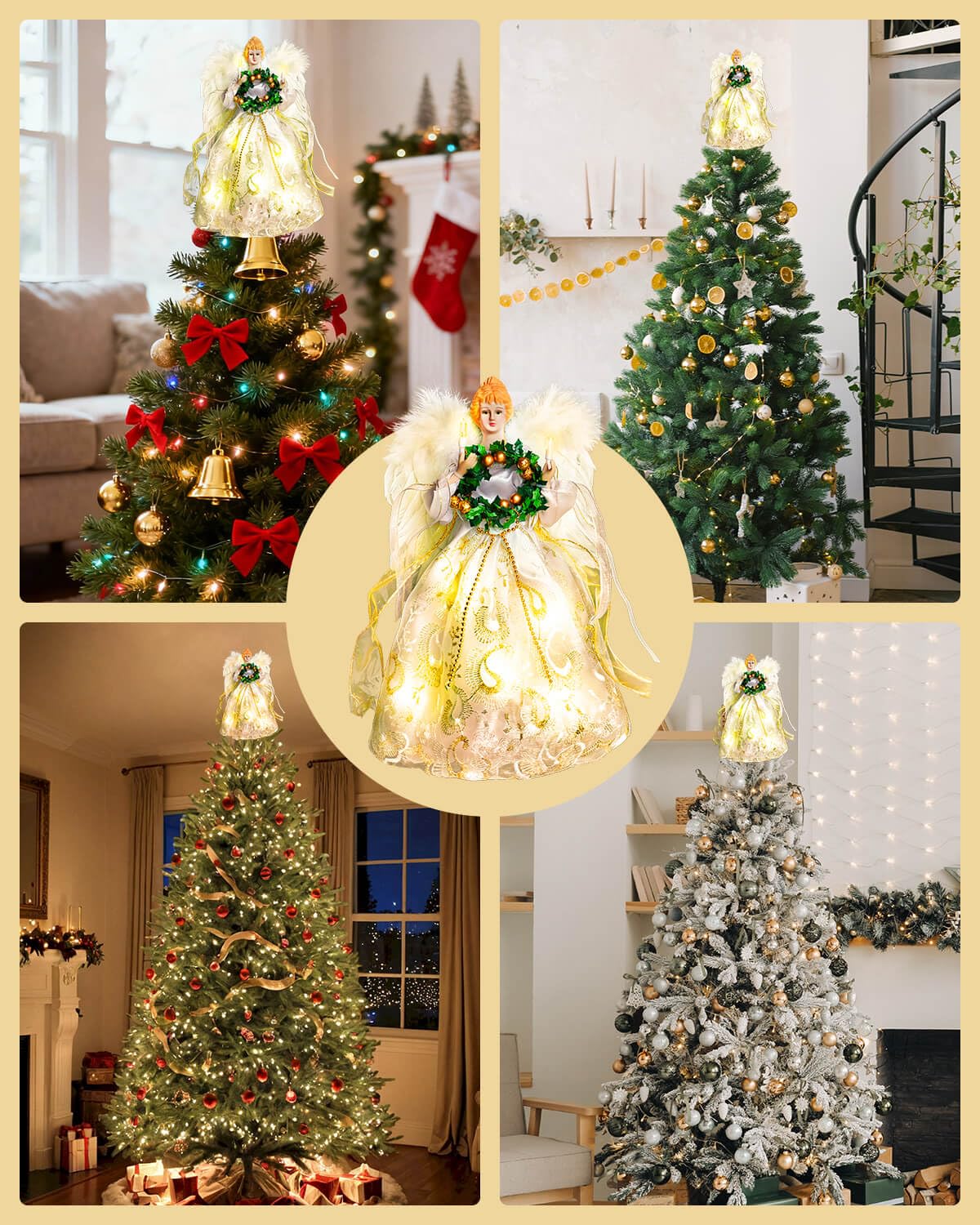 Angel Tree Topper with Lights | 12 Inch Christmas Angel Tree Topper with Feather Wings | Battery Powered Christmas Tree Toppers Lighted for Vintage Decor | Xmas Tree Topper Ornament, White