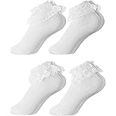 Fourluoo 4Pairs Girls Ruffle Socks Ankle Dress Socks White Lace Trim Bowknot Cotton Frilly Girl Colored Sock for Toddler Kids