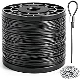 Yarlung Stainless Steel Wire Rope Cable, 1/12 Inch x 328 Feet Braided Wire 7x7 Strands Core Rope with 200 Pcs Crimping Sleeves, Black Vinyl Coated Aircraft Cable for Clothesline Trellis String Lights
