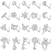 REVOLIA 20Pcs 20G Surgical Steel Dangle Nose Rings L Shaped Nose Ring Studs for Women Men CZ Heart Moon Dangling Flower Butterfly Nose Piercing Jewelry