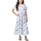 Remimi Girls Summer Short Sleeve Dress Casual Flowy Maxi Dresses 5-14 Years