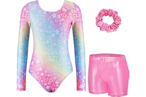 Zaclotre Gymnastics Leotards for Girls Long Sleeve Sparkly Dance Unitards Biketards with Tumbling Shorts
