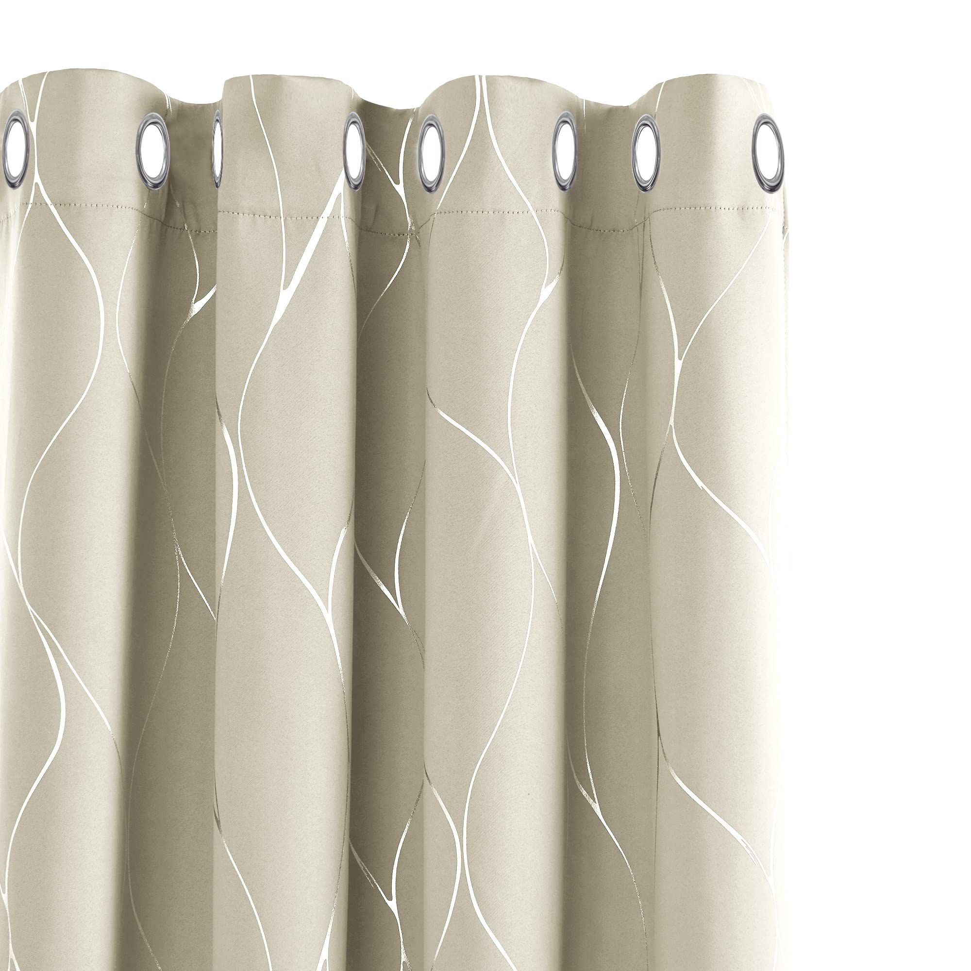 Deconovo Thermal Insulated Blackout Curtains Silver Wave Foil Printed Eyelet Curtains for Bedroom Light Beige W55 x L96 One Pair