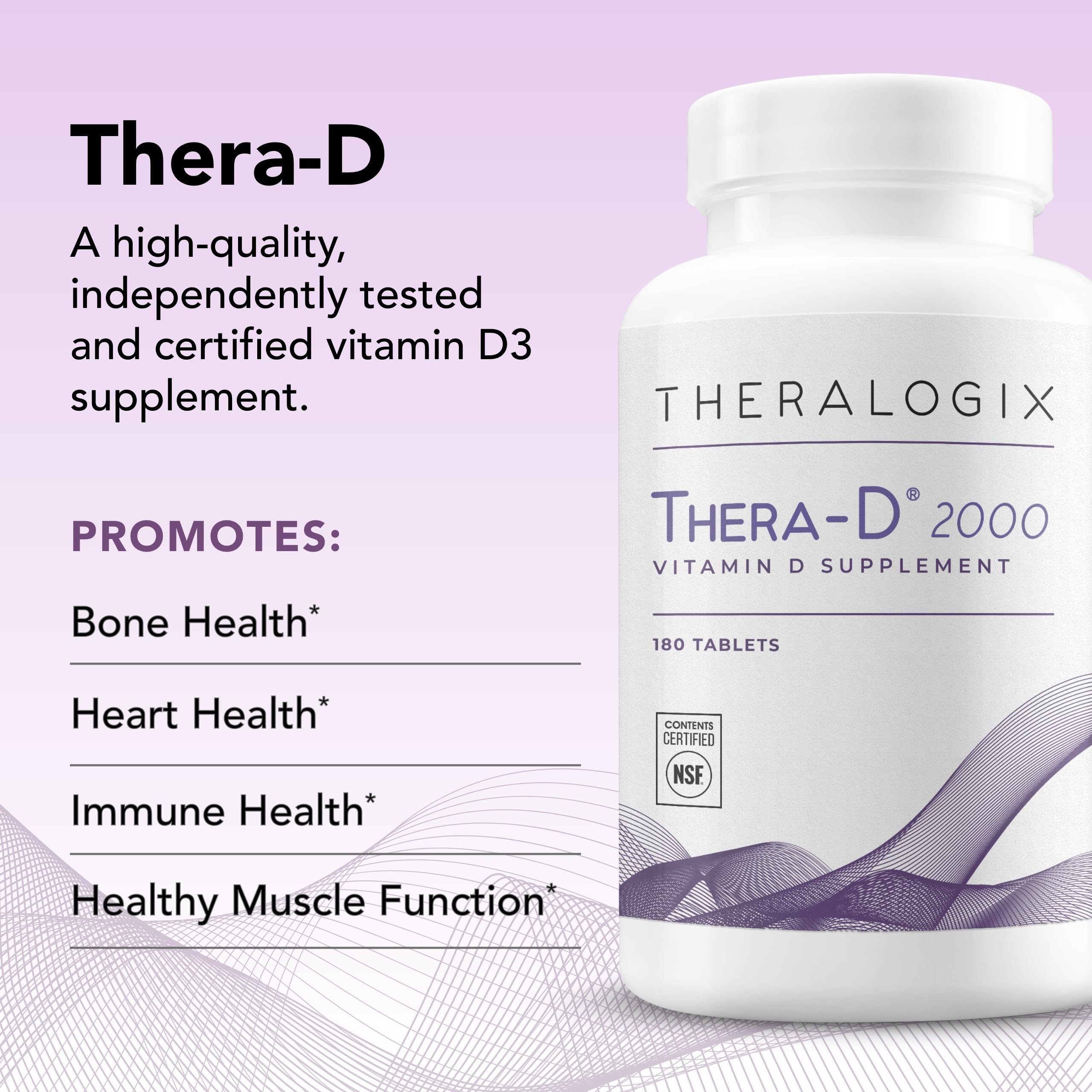 Theralogix Thera-D 2000 Vitamin D Supplement - 2,000 IU (50 mcg) Vitamin D3 Tablets - 180-Day Supply - Immune Support Supplement for Women & Men - Aids Bone & Heart Health - NSF Certified -180 Tablets