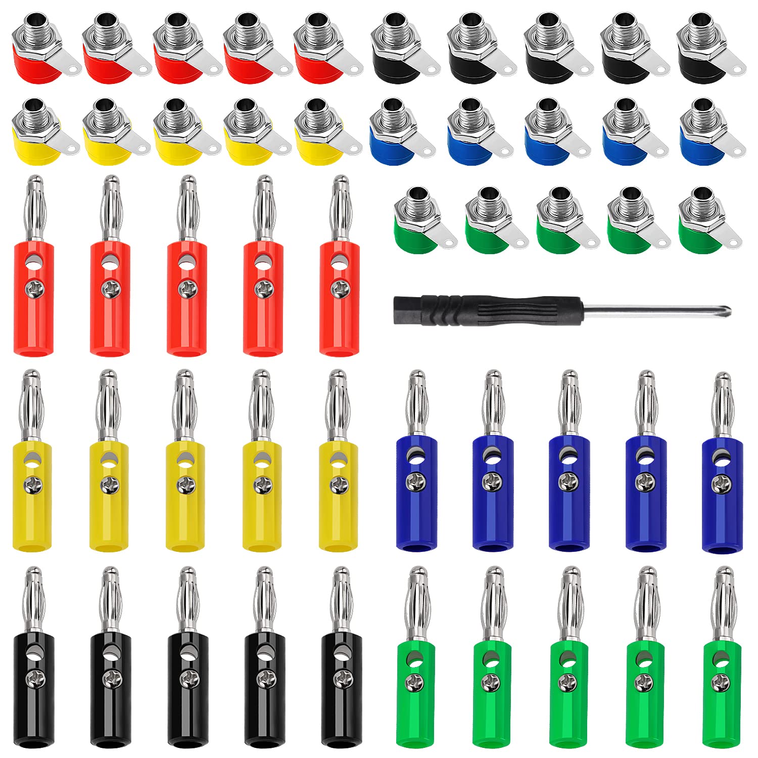 KUOQIY 50 PCS 4mm Banana Plug Socket Connector, 4mm Banana Socket Jack + Speaker Plug, with Screwdriver (25 Pairs 5 Color)