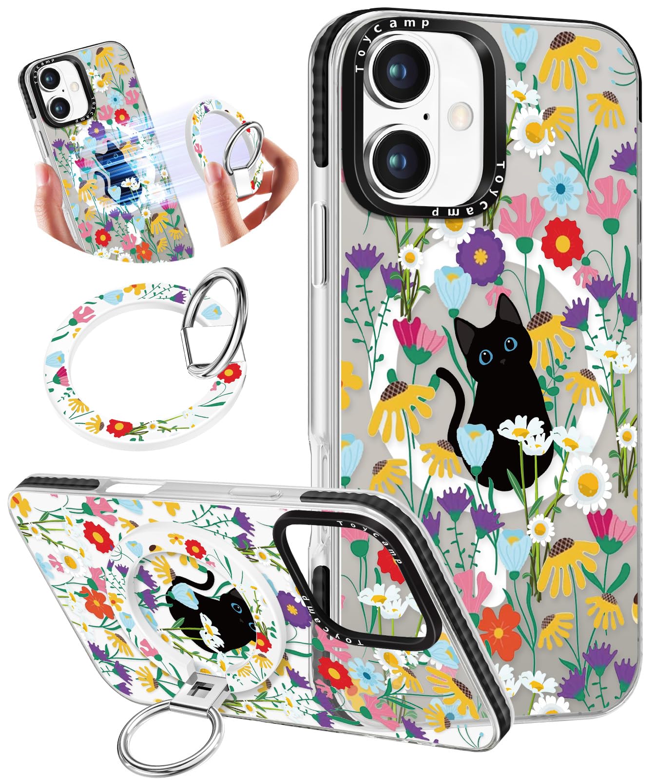 Toycamp for iPhone 16 Plus Case Compatible with Magsafe - Cute Design 360° Magnetic Ring Holder Stand Kickstand Funny Cat in Flower Girly Pretty Fashion TPU Phone Covers for Women Tenn Girls