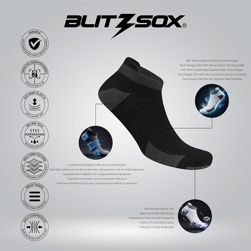 6 Paar Herren Sportsocken aus Baumwolle | Sneaker Socken | DRI-WIK Feuchtigkeitskontrolle | Gepolstertes Fußbett mit Fußgewölbe-Kompression | Verstärkte Ferse & Spitze (43-46, Schwarz)