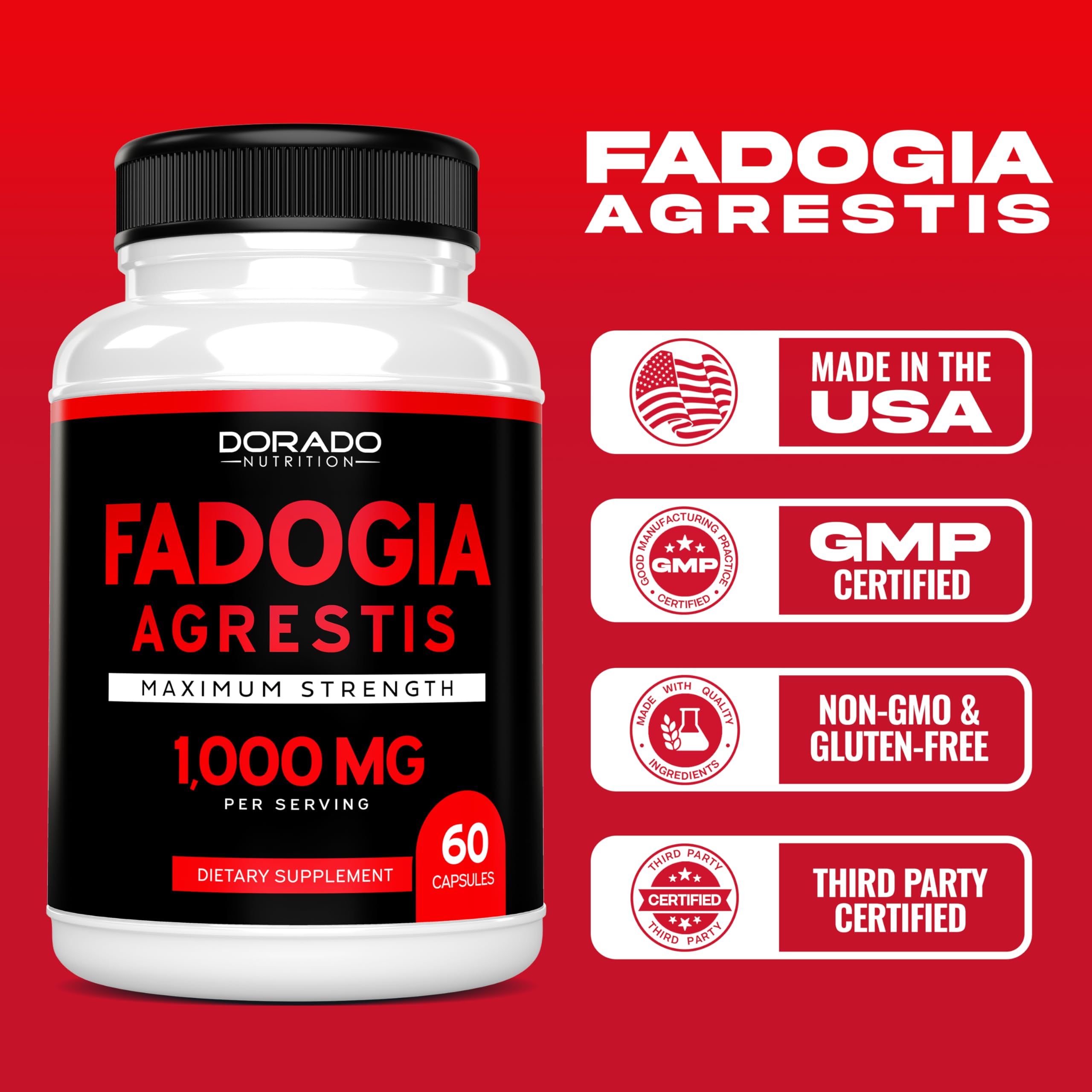 Fadogia Agrestis Extract 1000mg per Serving - [Maximum Strength] - Strength, Drive, Athletic Performance, Muscle Mass - Third Party Tested - Zero Fillers - Gluten Free, Non-GMO, Vegan Capsules