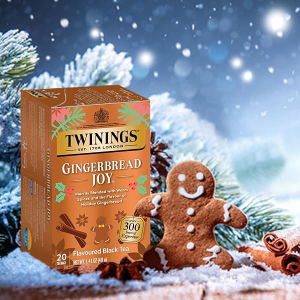TWININGS GINGERBREAD JOY BLACK TEA INDIVIDUALLY WRAPPED BAGS, 20 COUNT (PACK OF 1), GINGER & CINNAMON, CAFFEINATED, ENJOY HOT OR ICED, 20 TEABAGS