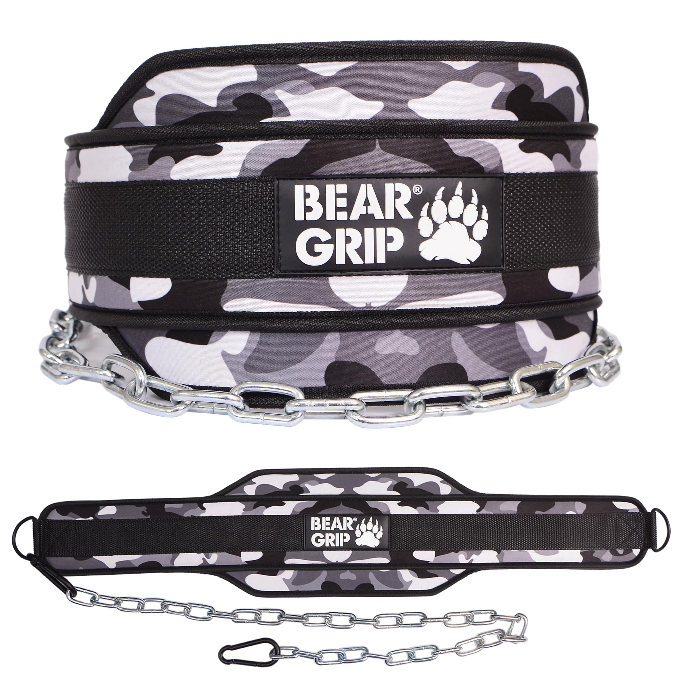 BEAR GRIP -Weighted Dip & Pull up Belt for Strength Training, Bodybuildng (Camo Grey)