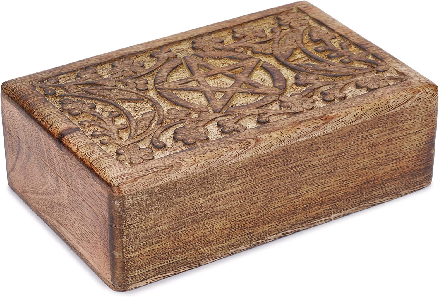 Ajuny Wooden Hand Carved Decorative Jewelry Box Moon Star Carvings Vintage Keepsake Storage Organizer Travel Treasure Chest Trinket Holder Case Great Gifts 8x5 Inch