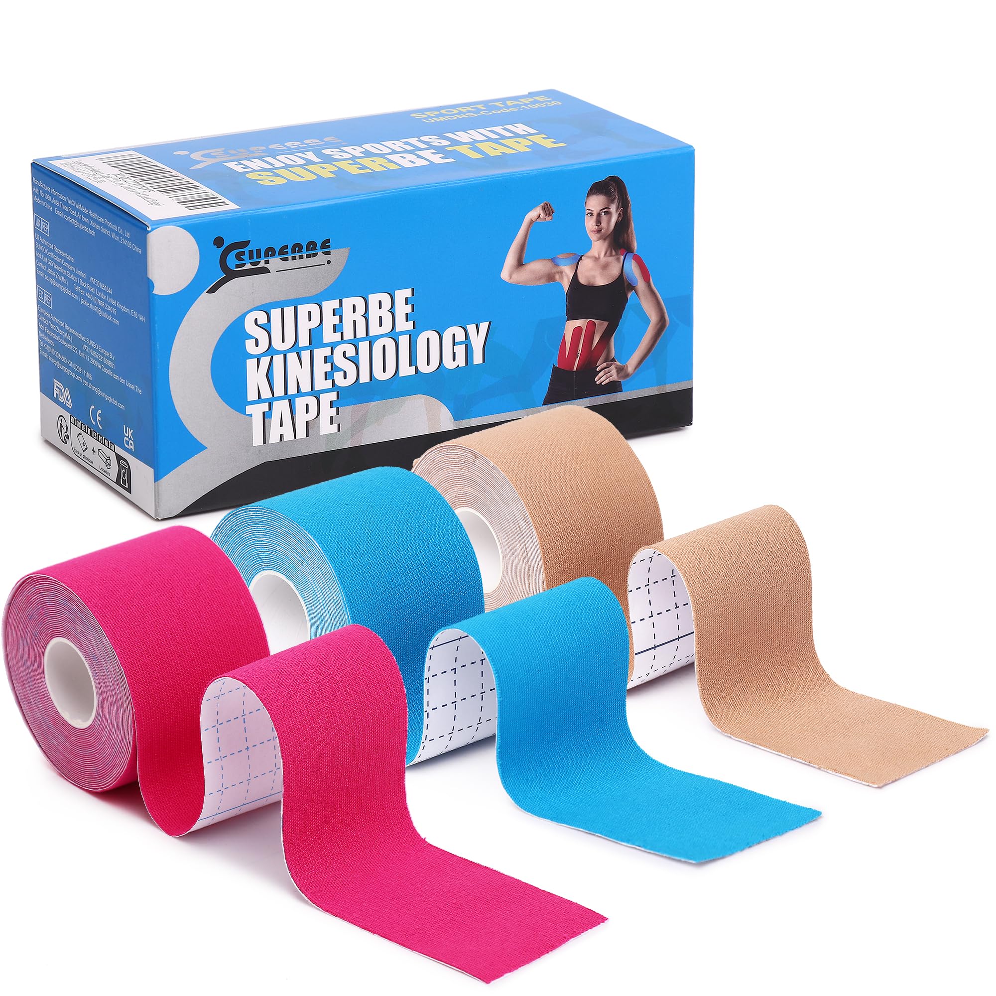 SUPERBE Kinesiology Tape, K Sports Tape Muscle Tape for Knee Shoulder Ankle Elbow, 5cm X 5m (Beige, Blue, Pink)