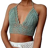 Crochet Halter Tops for Women Backless Camisole Knit Bra Tops Bralette Summer Beachwear