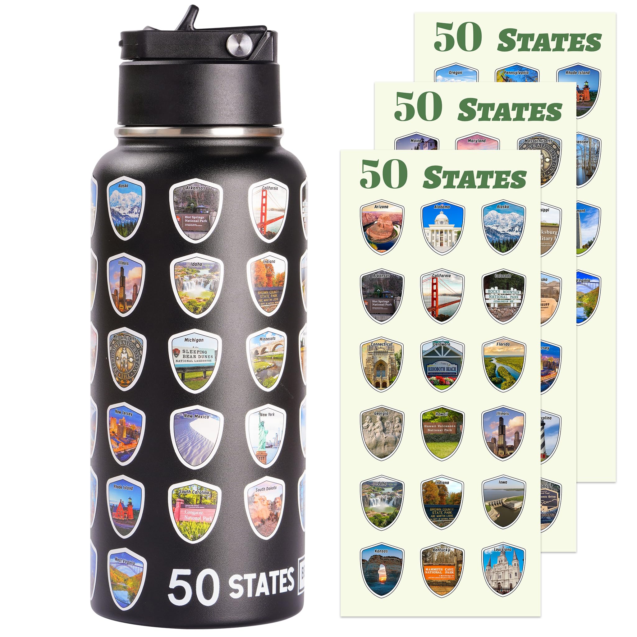 Photo 1 of Beautsque 50 States Water Bottle with Stickers, National Parks Water Bottle, Stainless Steel Insulated Bottles with Straw,3D Printed,32 oz,Double Stickers,Gifts for Men,Black