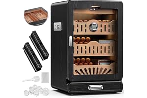 KEJIAR Cigar Humidor, Glass top Tabletop Cigar Humidor Cabinet Draw Pattern Spanish Cedar Tray, Accessories Drawer, 2 Standing Gel Humidifiers，1 Digital Hygrometer, for Men（Black）