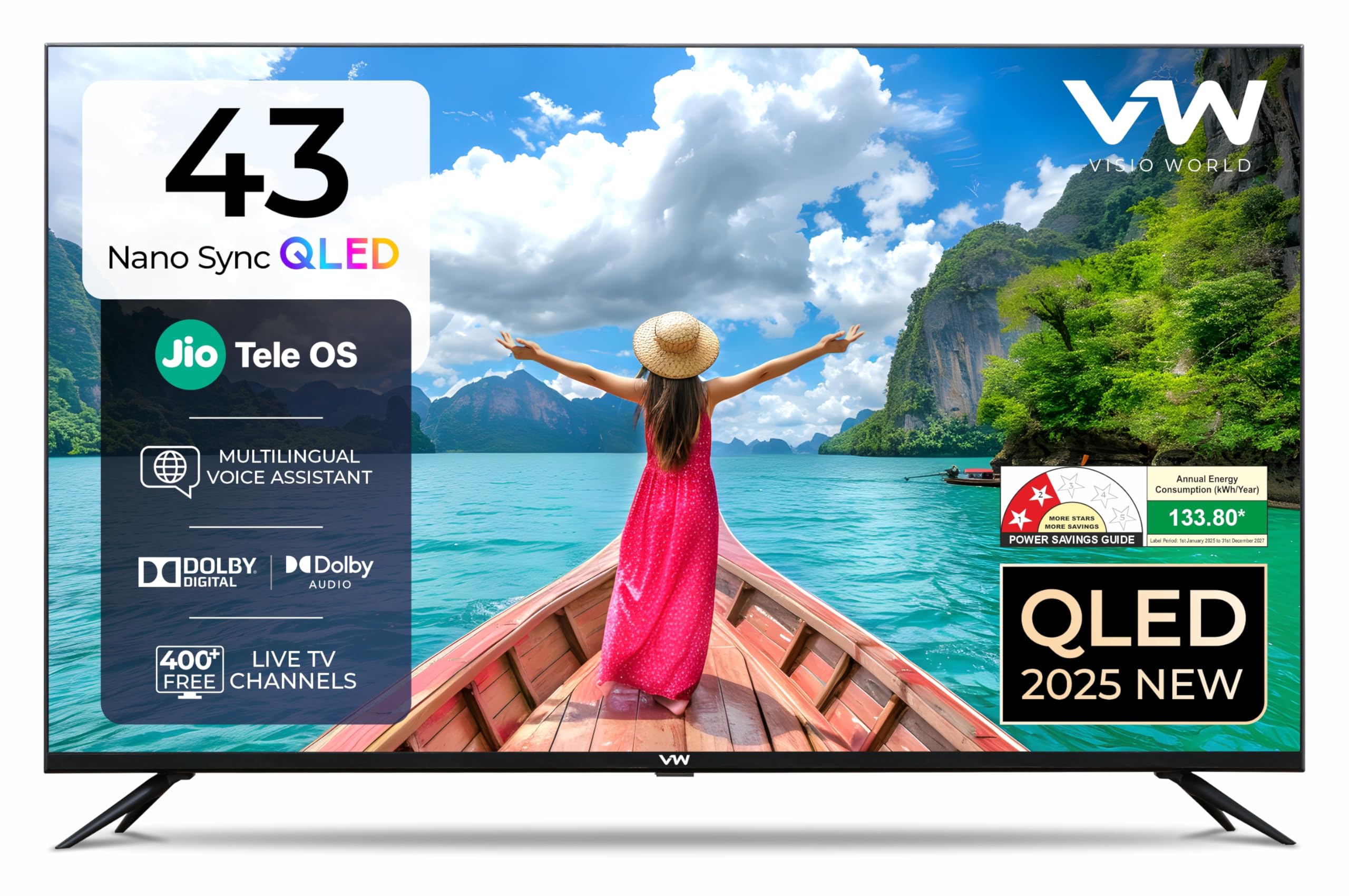VW 108 cm (43 inches) Nano Sync Series 4K Ultra HD Smart JioTele OS QLED TV VW43JQ1 (Black)