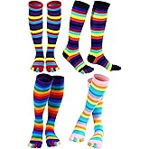 Zhanmai 4 Pairs Rainbow Toe Socks for Women Colorful over Knee 5 Toe Socks Thigh High Rainbow Striped Leg Warmers Funny Pride Long Stocking for Women Girls Gift