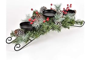 Artiflr 20 Inch Candle Holder Christmas Centerpiece Clearance, Pine Cones and Red Berry Table Centerpiece with 3 Candle Holders Table Accent Centerpiece for Festival Home Decoration