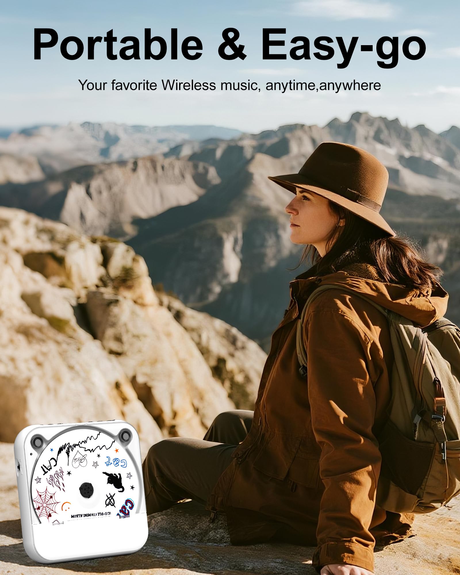 ENVYCLOUD CD Player Portable with Dual Stereo Speakers, Rechargeable Portable CD Player with Bluetooth for Home with Headphones, Support CD/AUX/USB, White