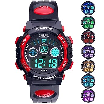 Kinder Digitaluhr, Jungen Mädchen 50M (5ATM) Wasserdicht 7 Farben LED Multifunktions Sport Outdoor Armbanduhren mit Alarm