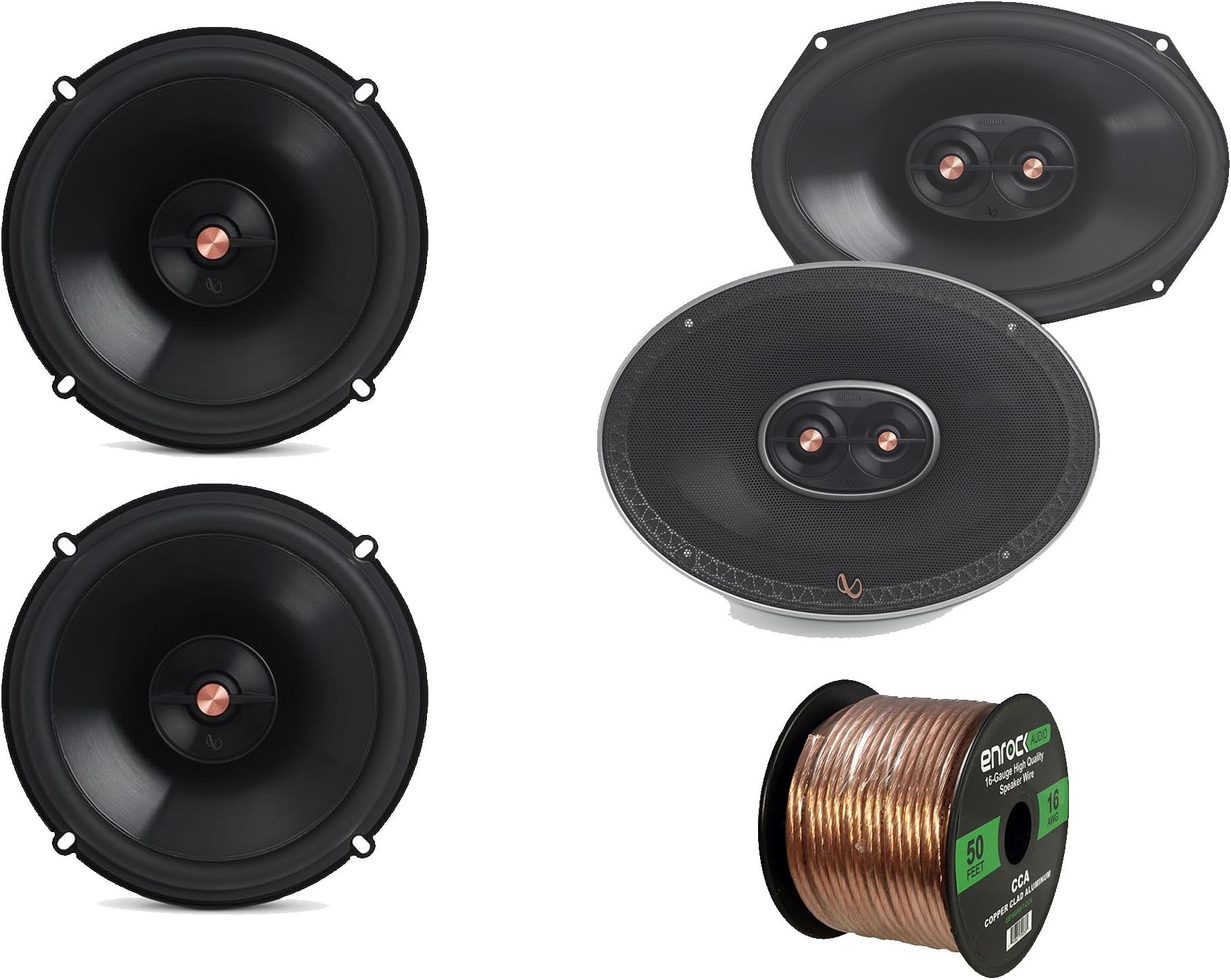 2X Infinity Primus 6.5" 2-Way 165-Watt Multi-Element Car Audio Speakers, with 2X Infinity Primus 6x9 3-Way Multi-Element Car Audio Speakers, Enrock 16-Gauge 50 Foot Wire