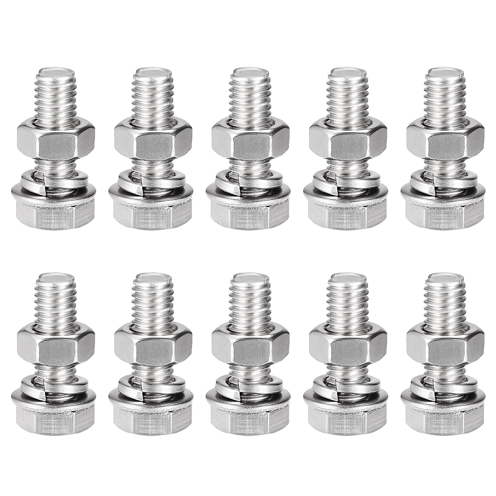 sourcing map M8 x 25mm Hex Head Screws Bolts, Nuts, Flat & Lock Washers Kits, 304 Stainless Steel Fully Thread Hexagon Bolts 10 Sets