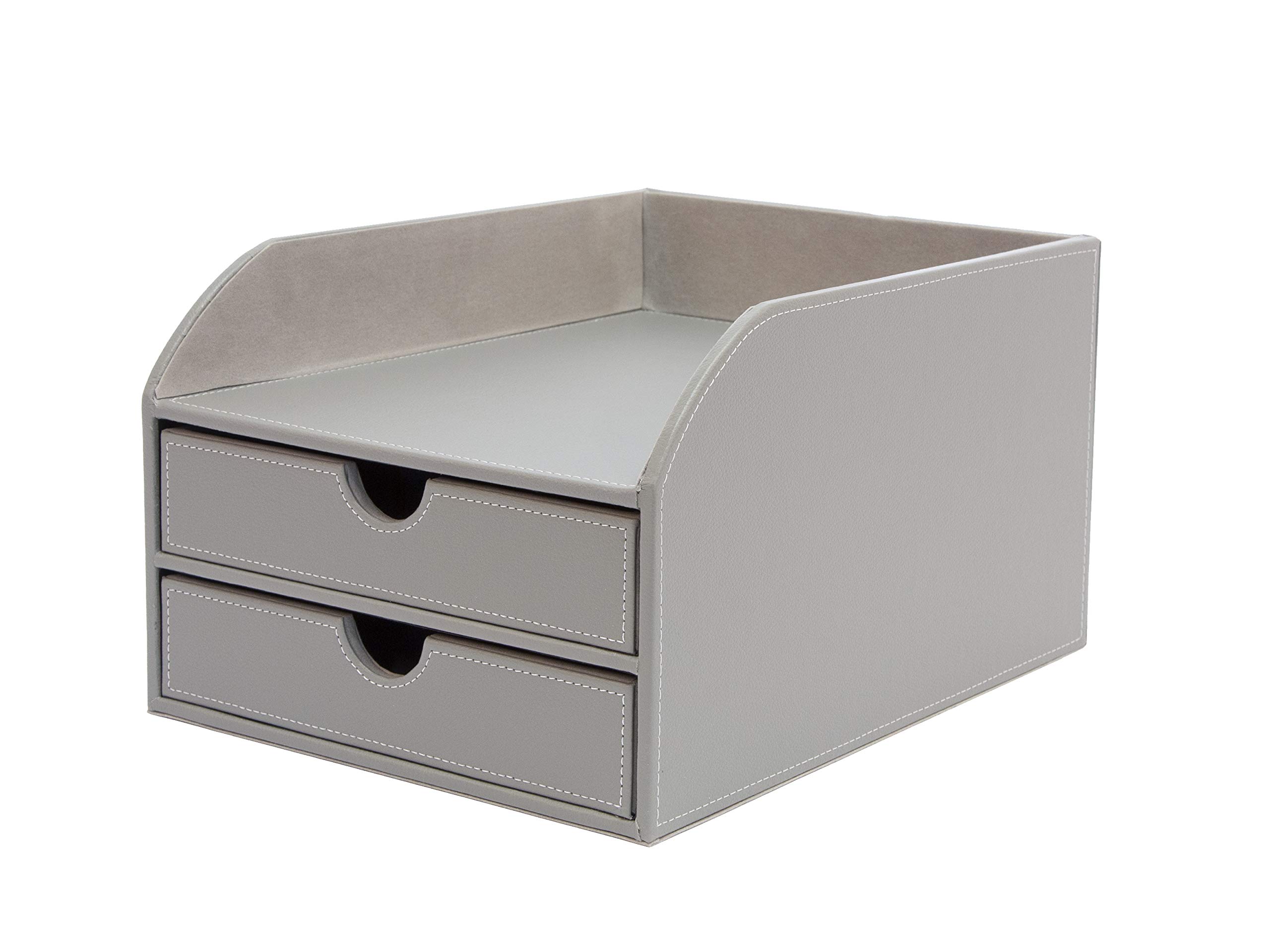 OSCO Faux Leather 2-Tier Desk Paper Sorter with Letter Tray, A4 Document File Storage, Magazine Holder, Grey, 248×340×185 mm
