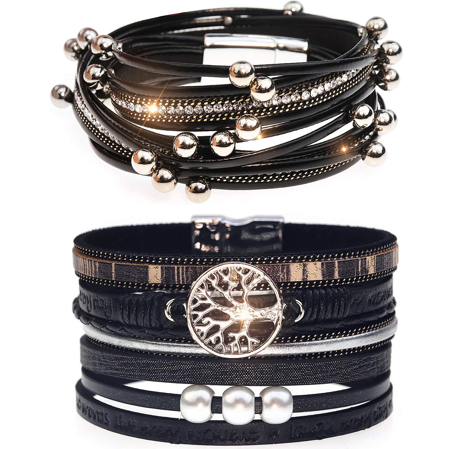 Suyi Multilayer Leather Bracelet Set 2 Pieces Beads Wrap Bracelet Wrist Cuff Bangles with Magnetic Buckle for Women Black — image 1