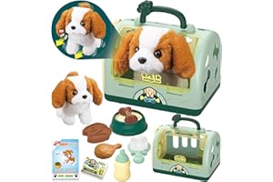 TEUVO Pet Care Play Set Robot Dog Toys for Kids, 12Pcs Kids Pretend Play Feeding Walk Bark Puppy Pet Toys with Interactive Electric Dog Plush & Cage, Xmas Gifts for Girls Toddlers 3 4 5 6 7 Years Old