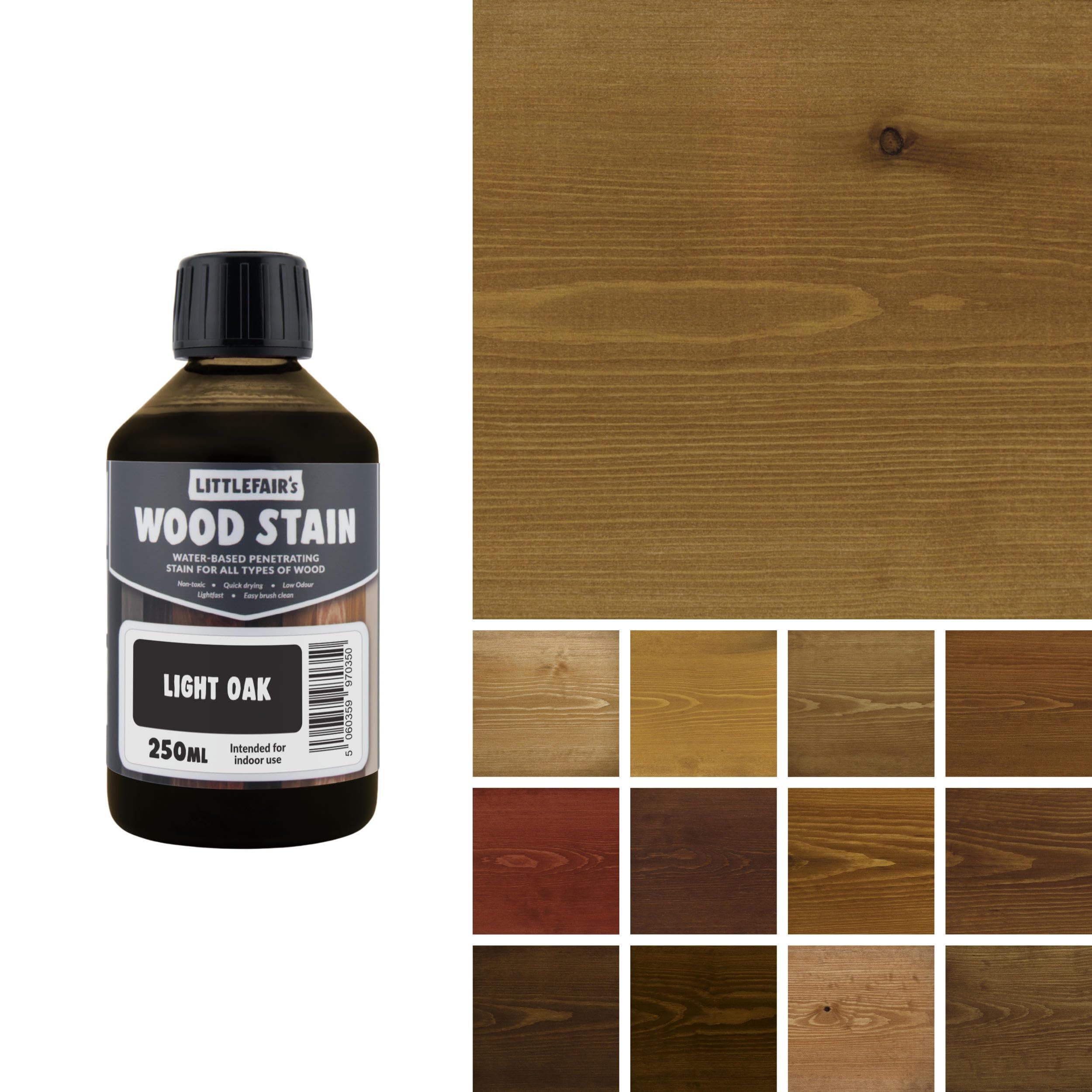 Littlefair's Wood Stain Water-Based - (Light Oak) – Non-Toxic, Eco-Friendly & Quick Drying - Easy-to-Apply, Concentrated Formula for All Wood Types – 250ml