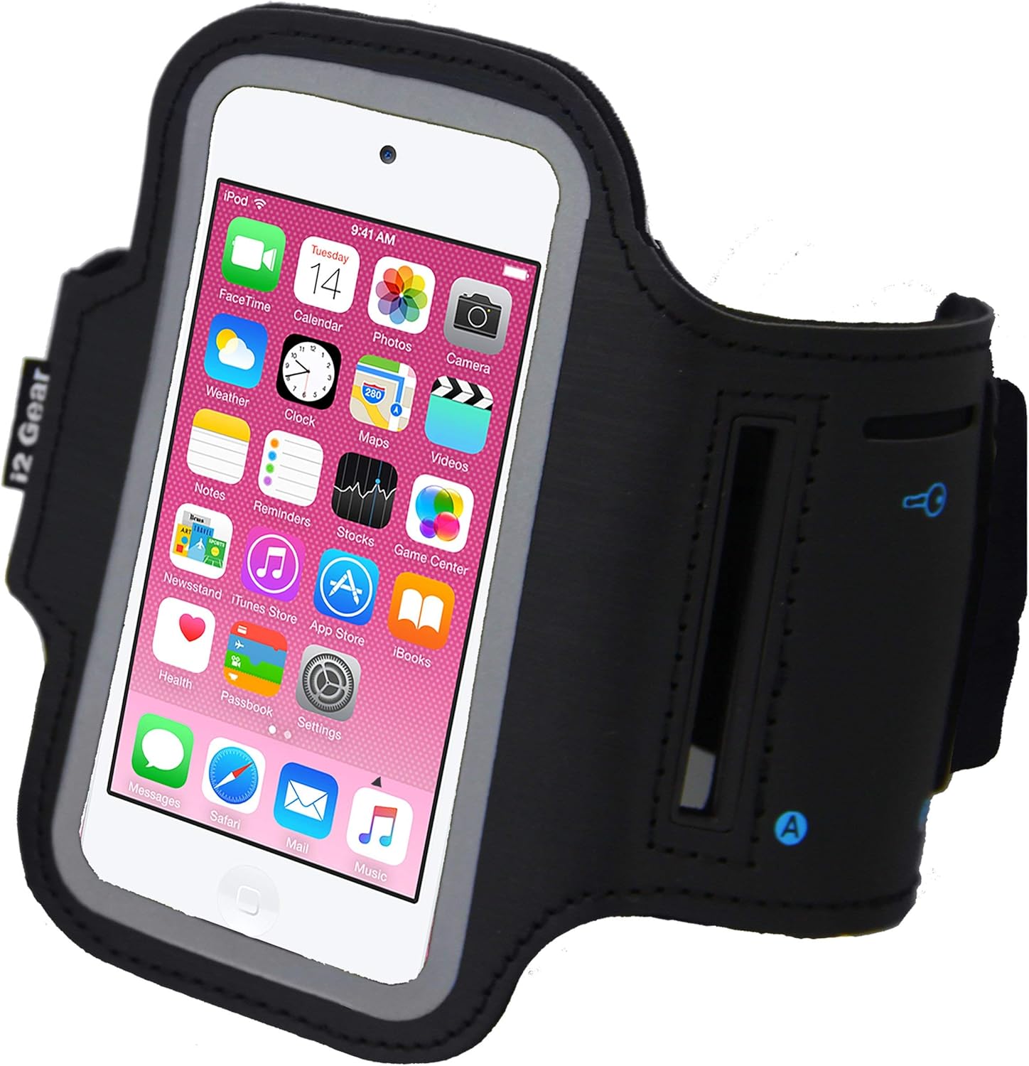 i2 Gear Running Exercise Armband for iPod Touch 6th and 5th Generation Devices with Reflective Border and Key Holder (Black)