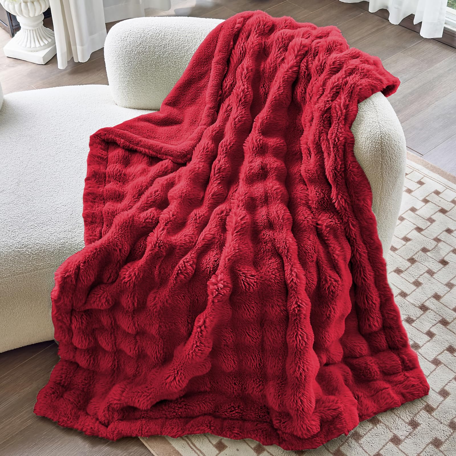 Photo 1 of Moenchy Faux Fur Red Throw Blanket for Couch - Super Soft Heavy Flufyy Thick Bubble Throw Blankets for Bed Bedroom Living Room Farmhouse Sofa Chair Fall Winter Warm, 50x60 Inch