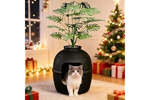 FansaFurn Large Cat Litter Box, Hidden Litter Box with Faux Plant, Heavy Duty Litterbox Enclosure Furniture with Rattan Pattern, PP Cat Box Enclosure Furniture for Living Room, Bedroom, Black