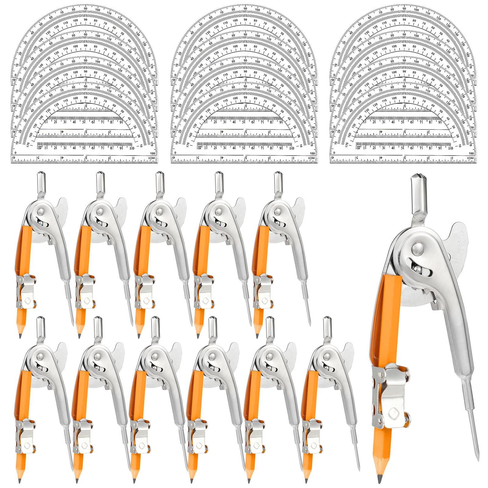 Photo 1 of 24 Pack Geometry Tool Set, Math Compass for Geometry and 6 Inch Protractor Set Include Metal Compass with Pencil and Clear Plastic Protractor for Student Classroom Office Woodworking Art Drawing