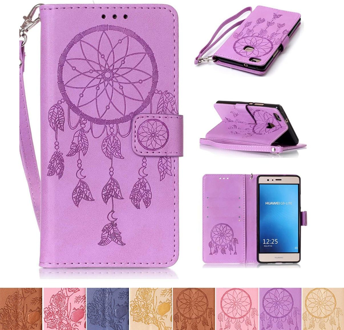 Huawei P9 Lite Case, Firefish [Kickstand] [Card/Cash Slots] PU Leather Wallet Folio Cover [Magnetic Closure] Case with Wrist Strap for Huawei P9 Lite- Net-Z