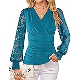 GRACE KARIN Womens Tops Dressy Casual, Elegant Lace Sleeve Shirts Wrap Ruched Blouses, 2026 Spring Fashion Outfits