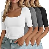 Neer 4 Pack Women's Half Sleeve Shirts Cotton Blend Elbow Length Tees Stretchy Square Neck Slim Fitted Casual Basic Tops